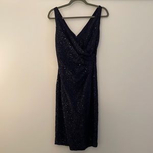Vince Camuto Blue Sequin Faux Wrap Dress (navy blue, sz 4)